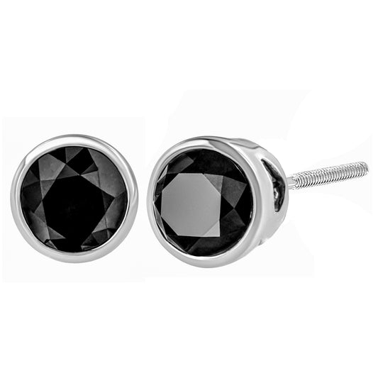 Puces d'oreilles en or blanc 14 carats, diamants noirs ronds taille brillant de 0,5 carat, serti clos, avec fermoirs à vis (couleur rehaussée fantaisie, pureté I2-I3)