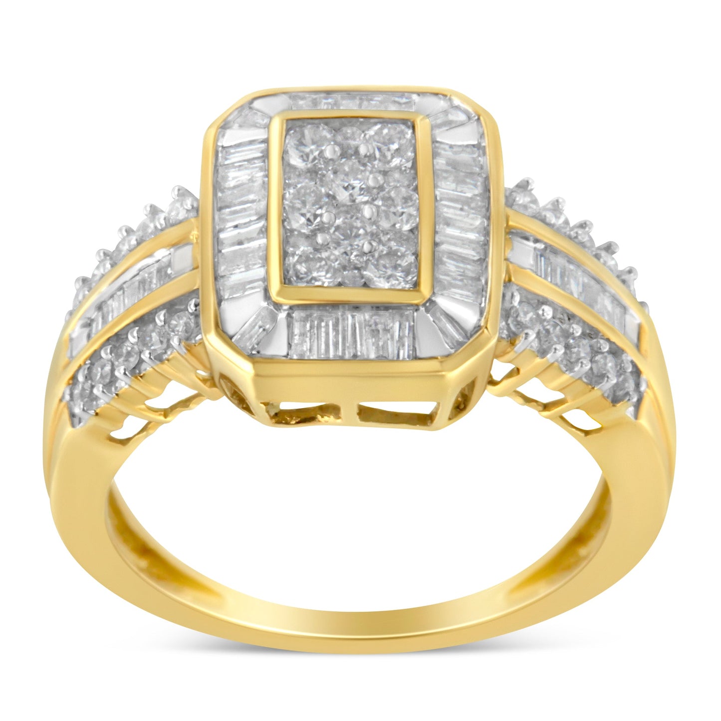 10K Yellow Gold Round and Baguette-Cut Diamond Cocktail Ring (1.0 Cttw, H-I Color, SI2-I1 Clarity) - Size 7
