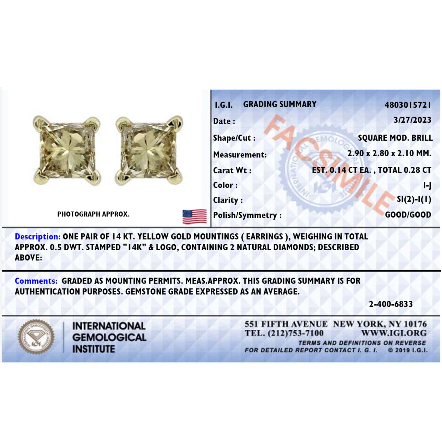 IGI Certified 14K Yellow Gold 1/4 Cttw Princess-Cut Diamond Solitaire Stud Earrings