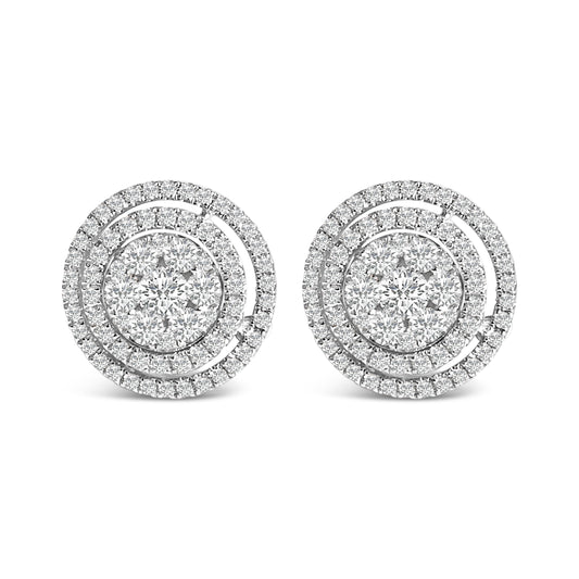 Boucles d'oreilles clous en or 14 carats, grappe de diamants et double halo de 1,38 carat (couleur G-H, pureté SI1-SI2)