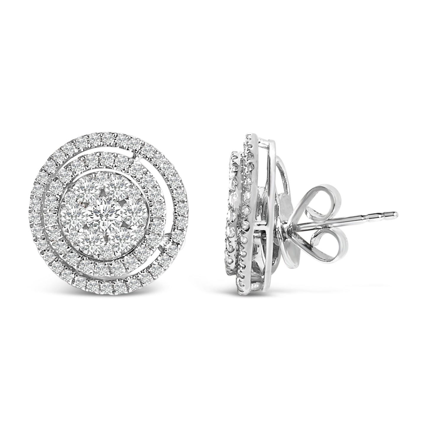 14K Gold 1 3/8 Cttw Diamond Cluster and Double Halo Stud Earring (G-H Color, SI1-SI2 Clarity)