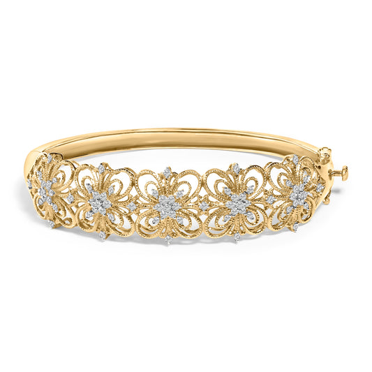 Bracelet jonc floral d'inspiration vintage en or 14 carats et diamants 1,00 carat (couleur H-I, pureté SI1-SI2) - 19,7 cm
