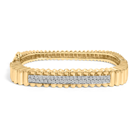 Bracelet jonc rectangulaire arrondi cannelé en or jaune 14 carats avec diamants 1,25 carats (couleur G-H, pureté VS2-SI1) - 7,75 pouces