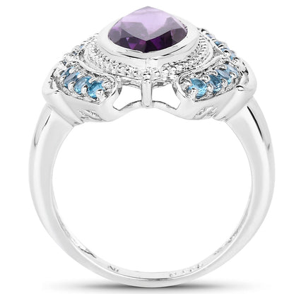 3.06 Carat Genuine Amethyst and London Blue Topaz .925 Sterling Silver Ring