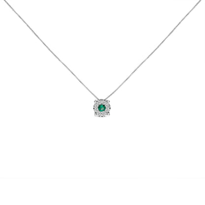 14K White Gold 3.8 MM Green Emerald and 1/3 Cttw Diamond Composite Halo 18" Pendant Necklace (F-G Color, VS2-SI1 Clarity)