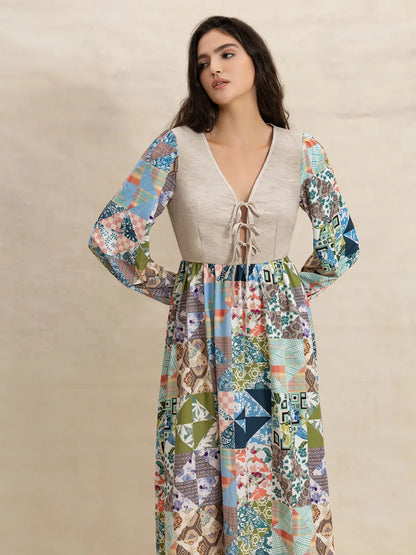 Tied Front Printed Long Sleeve Maxi Dress