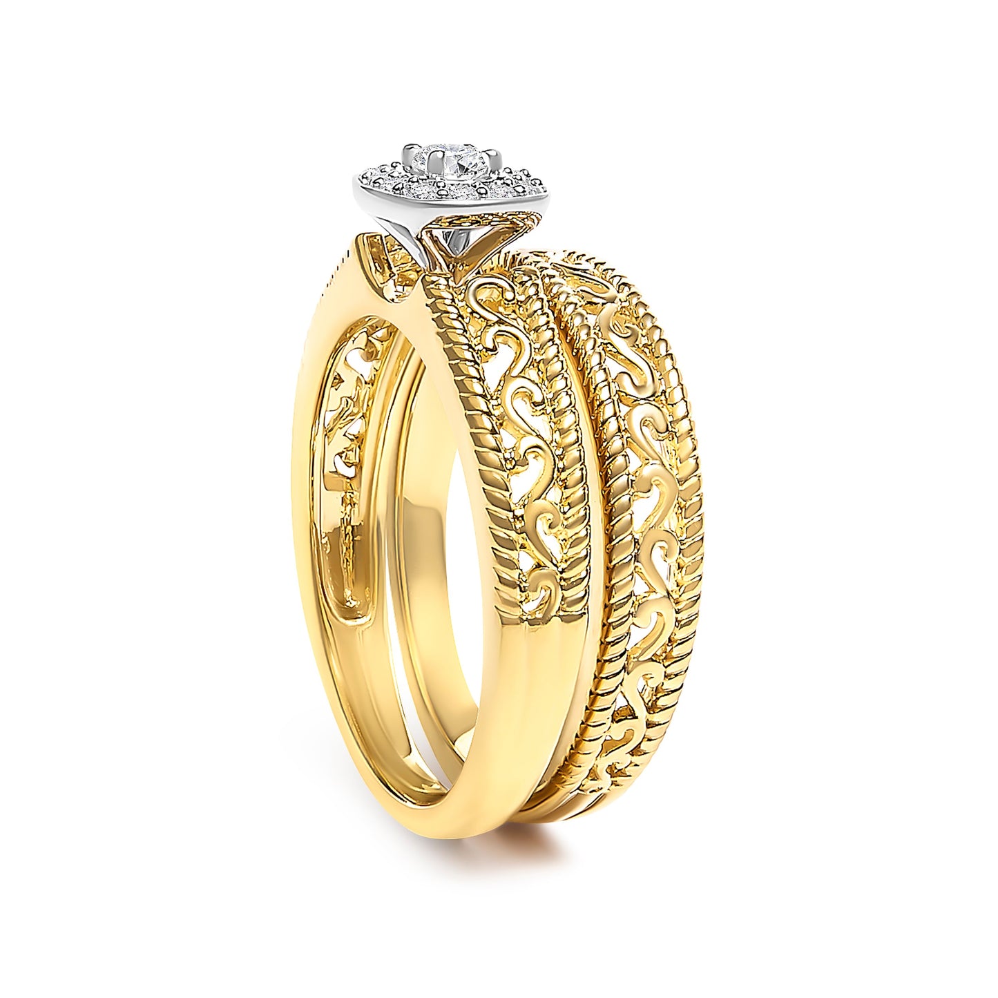 14K Yellow Gold Plated .925 Sterling Silver 1/5 Cttw Diamond Halo and Milgrain Finish Engagement Ring Bridal Set (I-J Color I3 Clarity) - Size 7