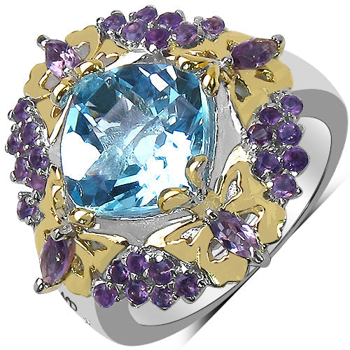 5.66 Carat Genuine Blue Topaz, Amethyst & White Diamond .925 Sterling Silver Ring