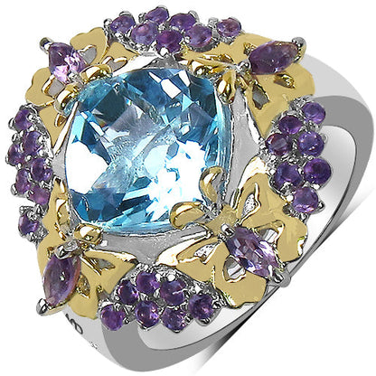 5.66 Carat Genuine Blue Topaz, Amethyst & White Diamond .925 Sterling Silver Ring