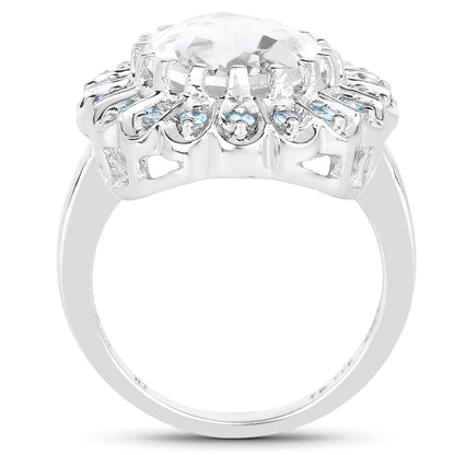 5.90 Carat Genuine Crystal Quartz and Swiss Blue Topaz .925 Sterling Silver Ring
