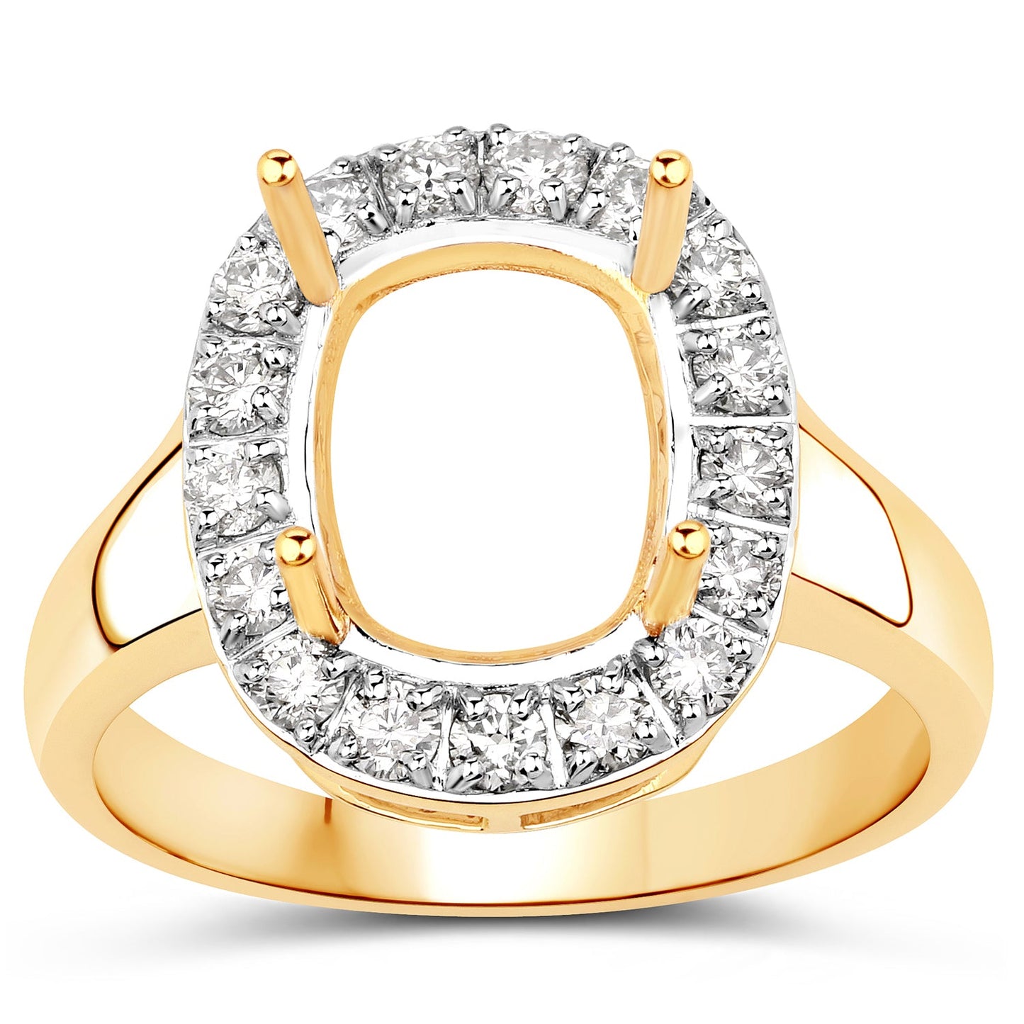 0.51 Carat Genuine White Diamond 14K Yellow Gold Semi Mount Ring - holds 10x8mm Cushion Gemstone