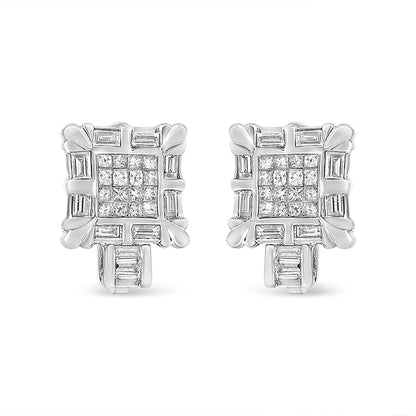 14K White Gold 1.0 Cttw Princess and Baguette-Cut Diamond Square Framed Huggie Hoop Omega Earrings (H-I Color, SI1-SI2 Clarity)