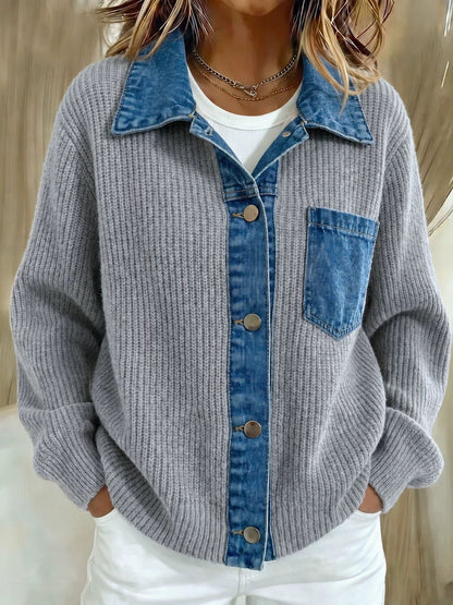 2026 European And American Cross-border Denim Patchwork Knit Cardigan For Women, Loose And Casual Style, Color-block Long-sleeve Sweater Jacket