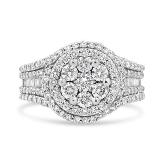 Bague en or blanc 14 carats, grappe florale de diamants 1,50 carats au total et halo avec anneau pavé (couleur H-I, clarté SI2-I1) - Taille 7