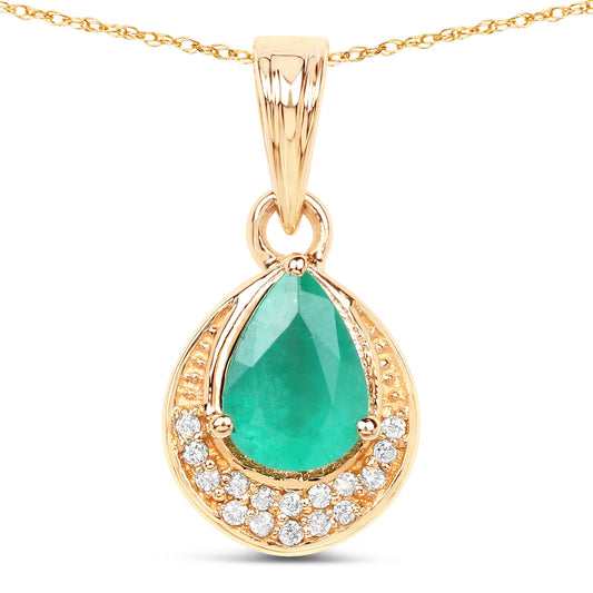 0.89 Carat Genuine Zambian Emerald and White Diamond 14K Yellow Gold Pendant