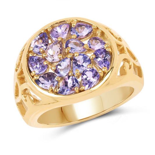 Bague en argent sterling 925 plaqué or jaune 14 carats avec tanzanite véritable de 1,82 carat