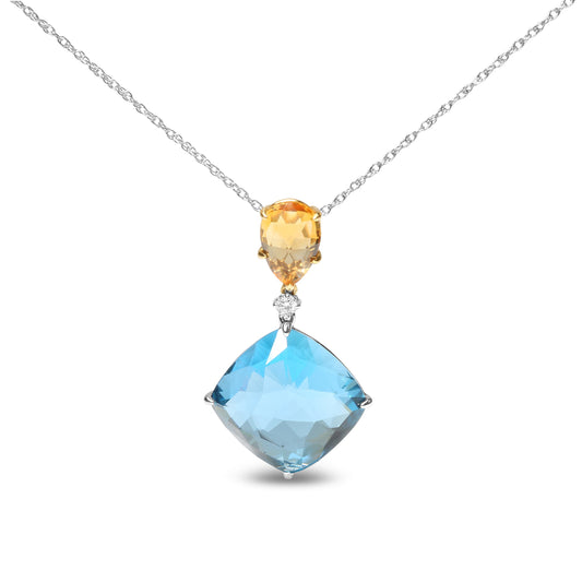 Pendentif de 45 cm en or blanc et jaune 18 carats avec accents de diamants, citrine jaune et topaze bleu ciel (couleur G-H, pureté SI1-SI2)