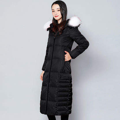 Hooded Padded Jacket with Fur Collar and Color Block
