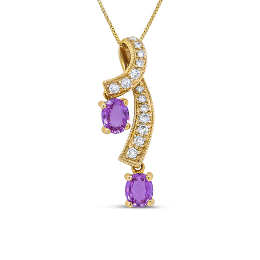 Collier avec pendentif en or jaune 14 carats, saphir rose ovale 6x4mm et diamant rond 1/5 carat (couleur H-I, clarté SI1-SI2)