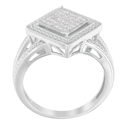 .925 Sterling Silver 1/3 Cttw Invisible Set Princess-Cut Diamond Rhombus and Beaded Halo Ring (H-I Color, SI1-SI2 Clarity) - Ring Size 7