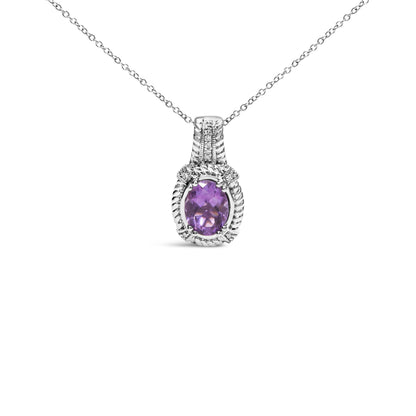 .925 Sterling Silver 9x7mm Oval Purple Amethyst and Round Diamond Accent Fashion Drop Pendant 18 Inch Necklace (I-J Color, I1-I2 Clarity)