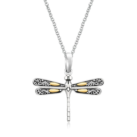 Pendentif en or jaune 18 carats et argent sterling avec motif libellule