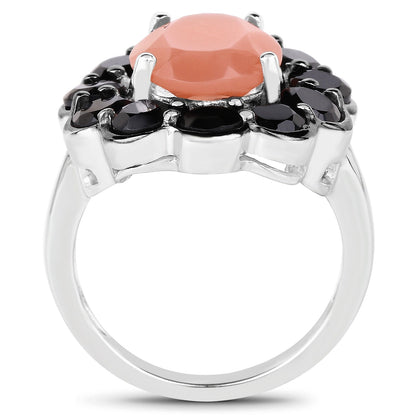 7.88 Carat Genuine Peach Moonstone and Black Spinel .925 Sterling Silver Ring
