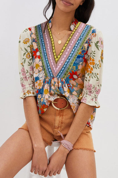 Multicolour V Neck Half Sleeve Boho Floral Blouse