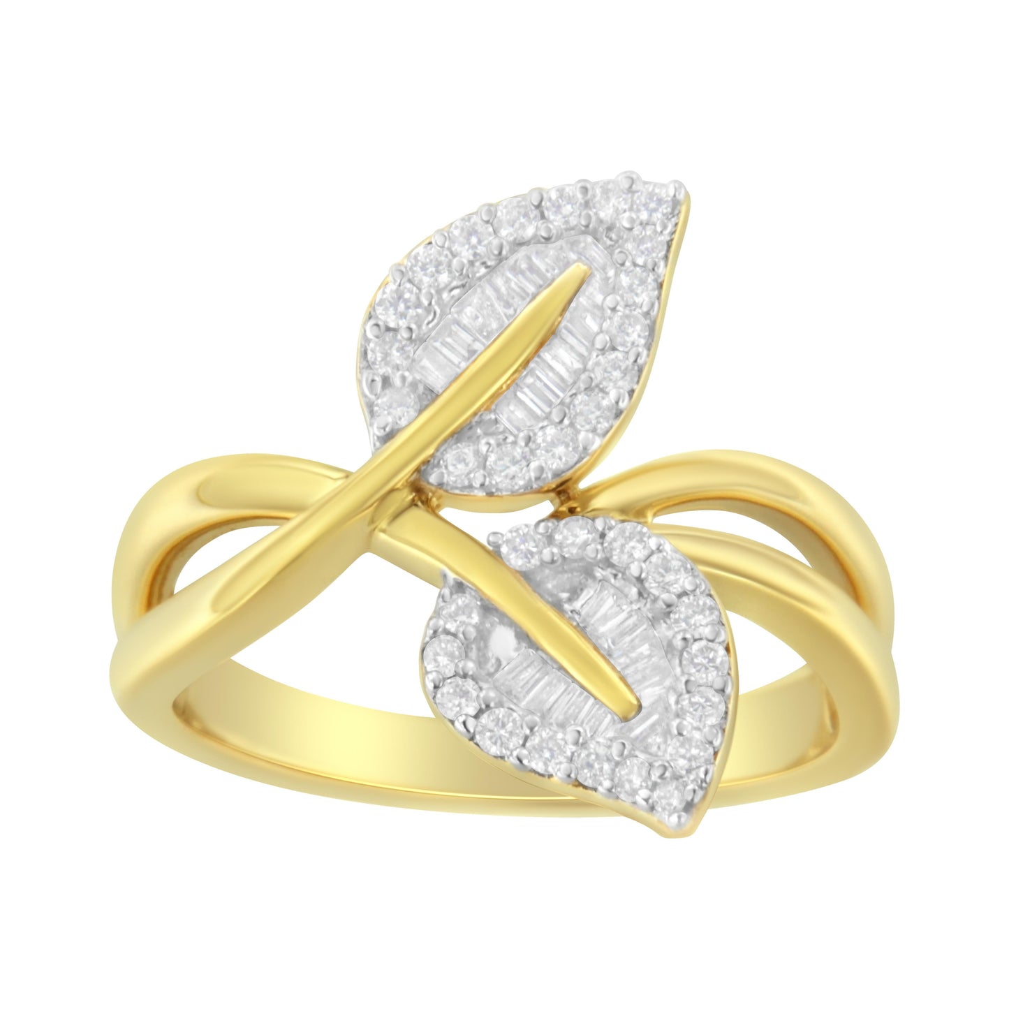 10K Yellow Gold 3/8 Cttw Round and Baguette-Cut Diamond Leaf Cocktail Ring - Size 7 (I-J Color, I1-I2 Clarity)