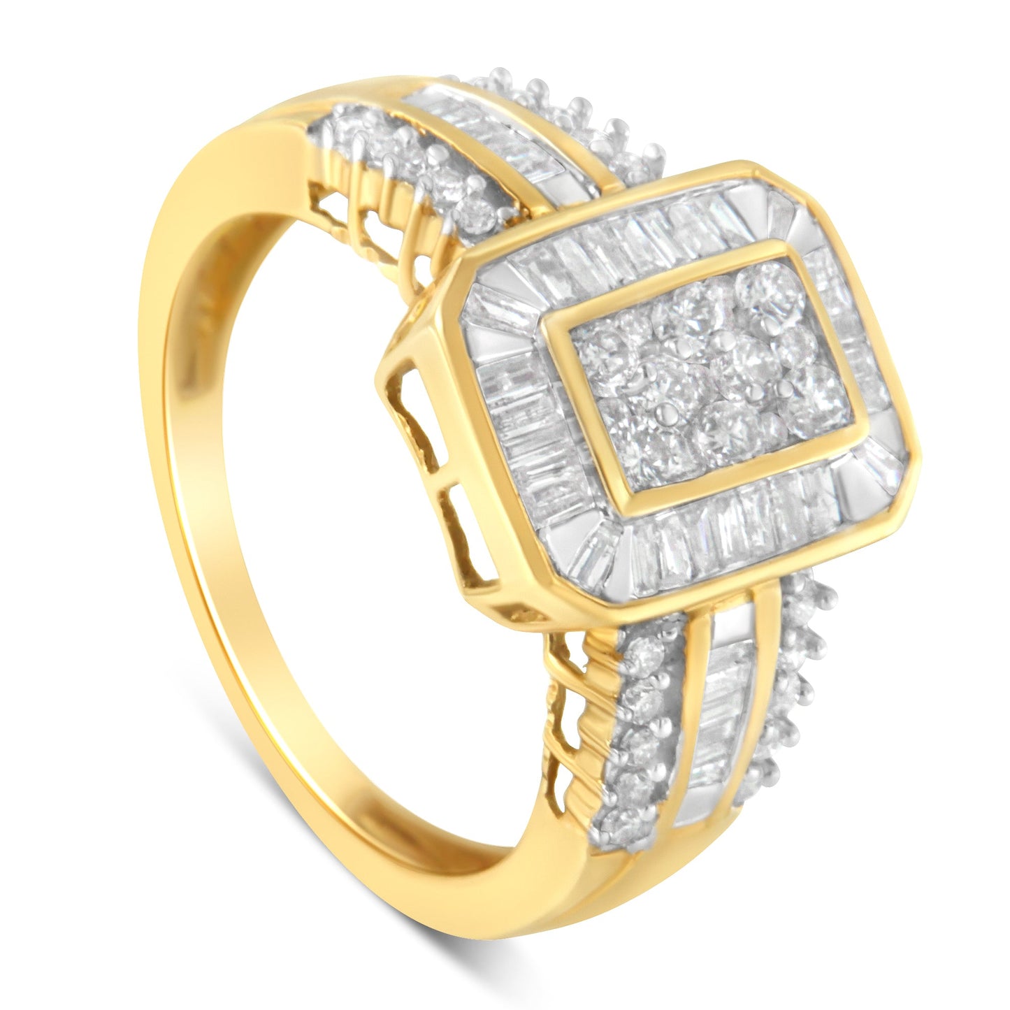 10K Yellow Gold Round and Baguette-Cut Diamond Cocktail Ring (1.0 Cttw, H-I Color, SI2-I1 Clarity) - Size 7
