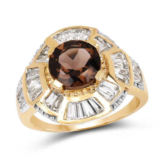 Bague en argent sterling 925 plaqué or jaune 14 carats avec quartz fumé véritable de 4,18 carats et topaze blanche