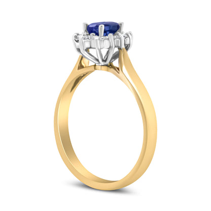 14K Yellow Gold 1/5 Cttw Round Diamond and 6x4mm Oval Blue Tanzanite Halo Ring (H-I Color, I1-I2 Clarity) - Size 7.75