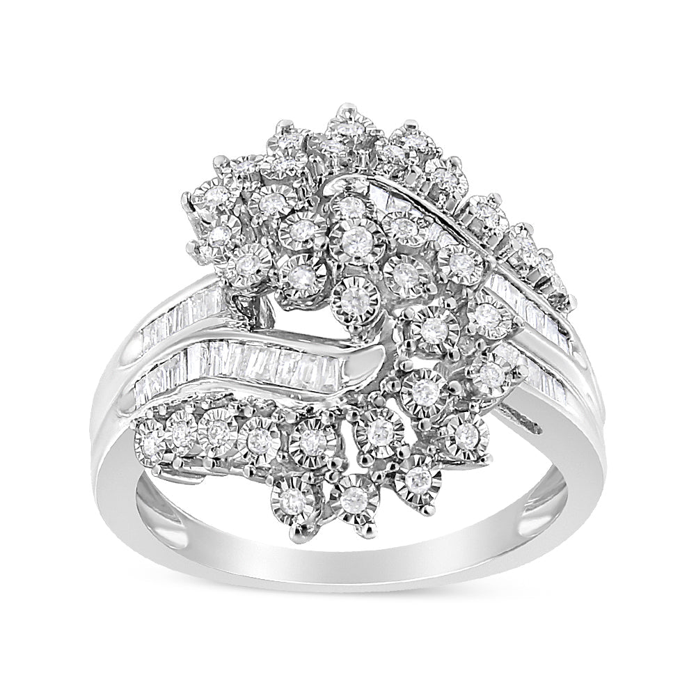 10K White Gold 1/2 Cttw Round and Baguette-Cut "S" Shaped Bypass Cocktail Ring (I-J Color, I1-I2 Clarity) - Size 7