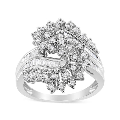 10K White Gold 1/2 Cttw Round and Baguette-Cut "S" Shaped Bypass Cocktail Ring (I-J Color, I1-I2 Clarity) - Size 7
