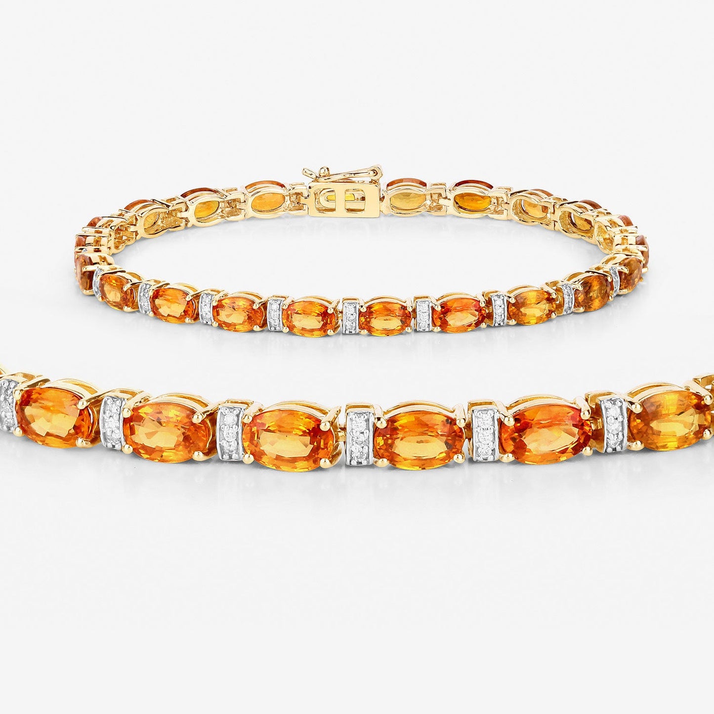 12.33 Carat Genuine Orange Sapphire and White Diamond 14K Yellow Gold Bracelet