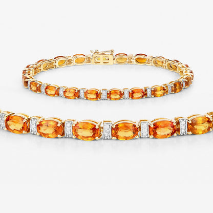 12.33 Carat Genuine Orange Sapphire and White Diamond 14K Yellow Gold Bracelet