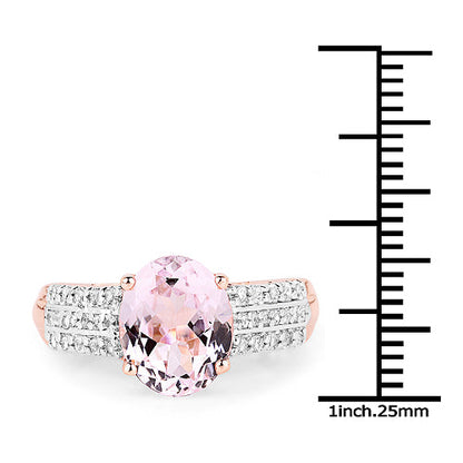 14K Rose Gold Plated 3.27 Carat Genuine Kunzite Oval and White Zircon .925 Sterling Silver Ring Ring