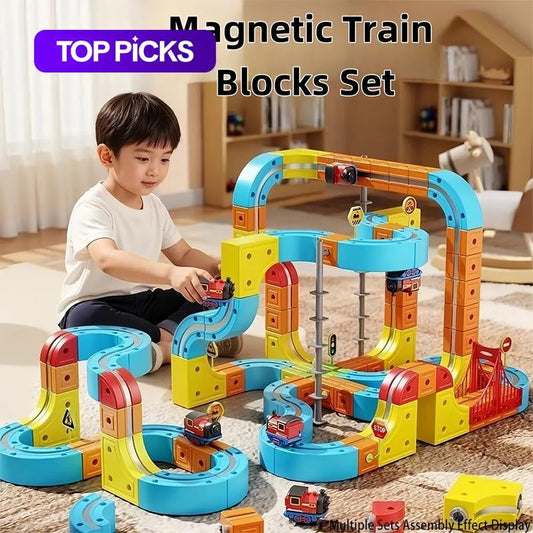 66PCS Magnetic Train Set Electric Train Track for Kids DIY Race Car Track with Train and Traffic Signs USB Rechargeable Gravity Defying Car Toy STEM Building Toys New Year Gift