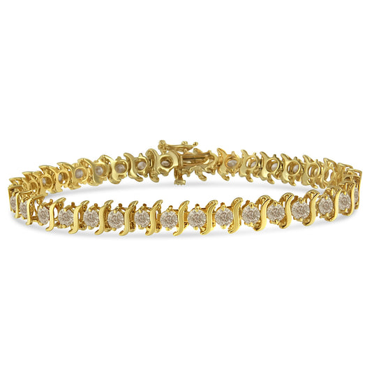 Bracelet maillons en « S » en argent sterling .925 plaqué or jaune 10K serti de diamants taille brillant ronde 2 griffes de 7,0 carats (couleur J-K, pureté I1-I2) - 7 po