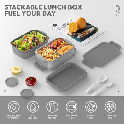 Adult Lunch Box Kids 3 Layers Stackable,Bento Lunch Box 72Oz Large Capacity Leak-Proof with Sauce Containers for Work,School,Outside Tableware Grey