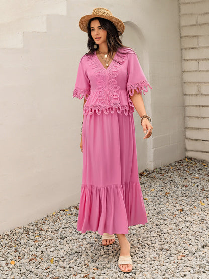Lace Detail V-Neck Half Sleeve Midi Dress