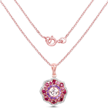 14K Rose Gold Plated 2.30 Carat Genuine Morganite, Rhodolite and Amethyst .925 Sterling Silver Pendant
