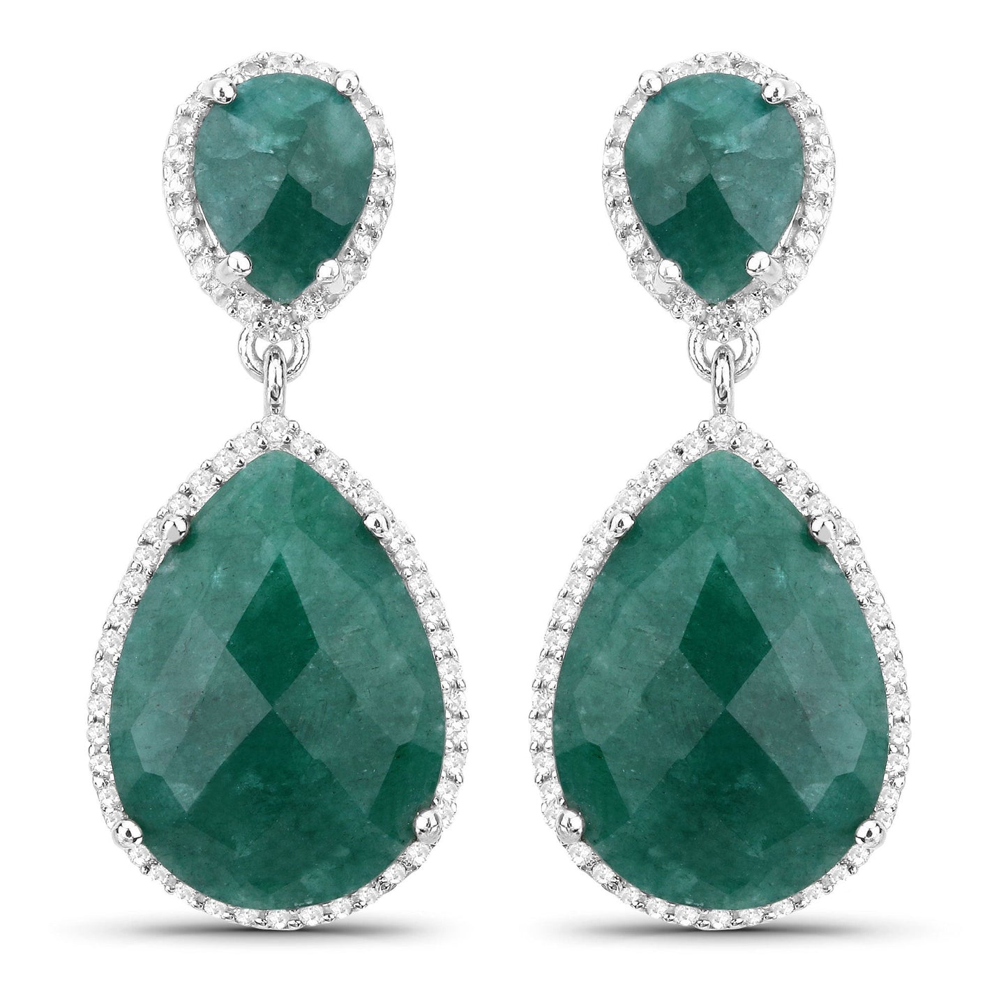 19.42 Carat Dyed Emerald and White Topaz .925 Sterling Silver Earrings