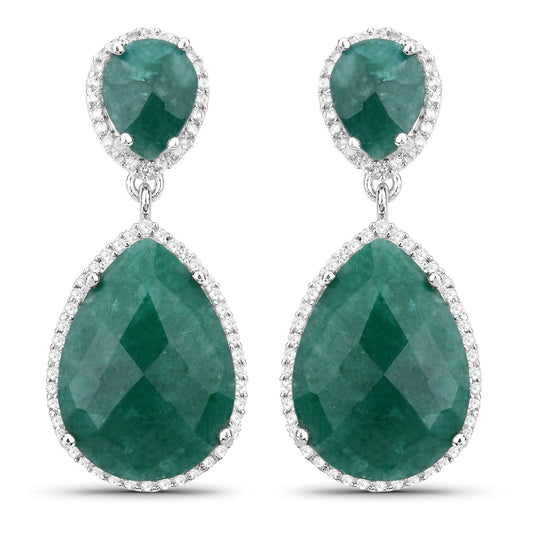 Boucles d'oreilles en argent sterling 925 avec émeraude teintée et topaze blanche de 19,42 carats