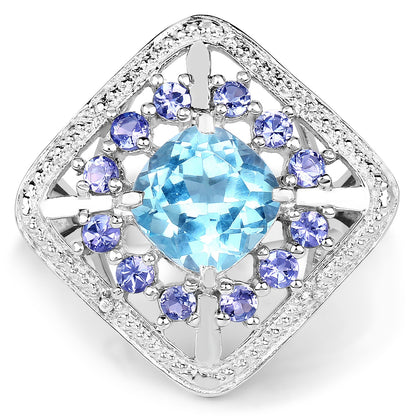 4.24 Carat Genuine Blue Topaz and Tanzanite .925 Sterling Silver Ring