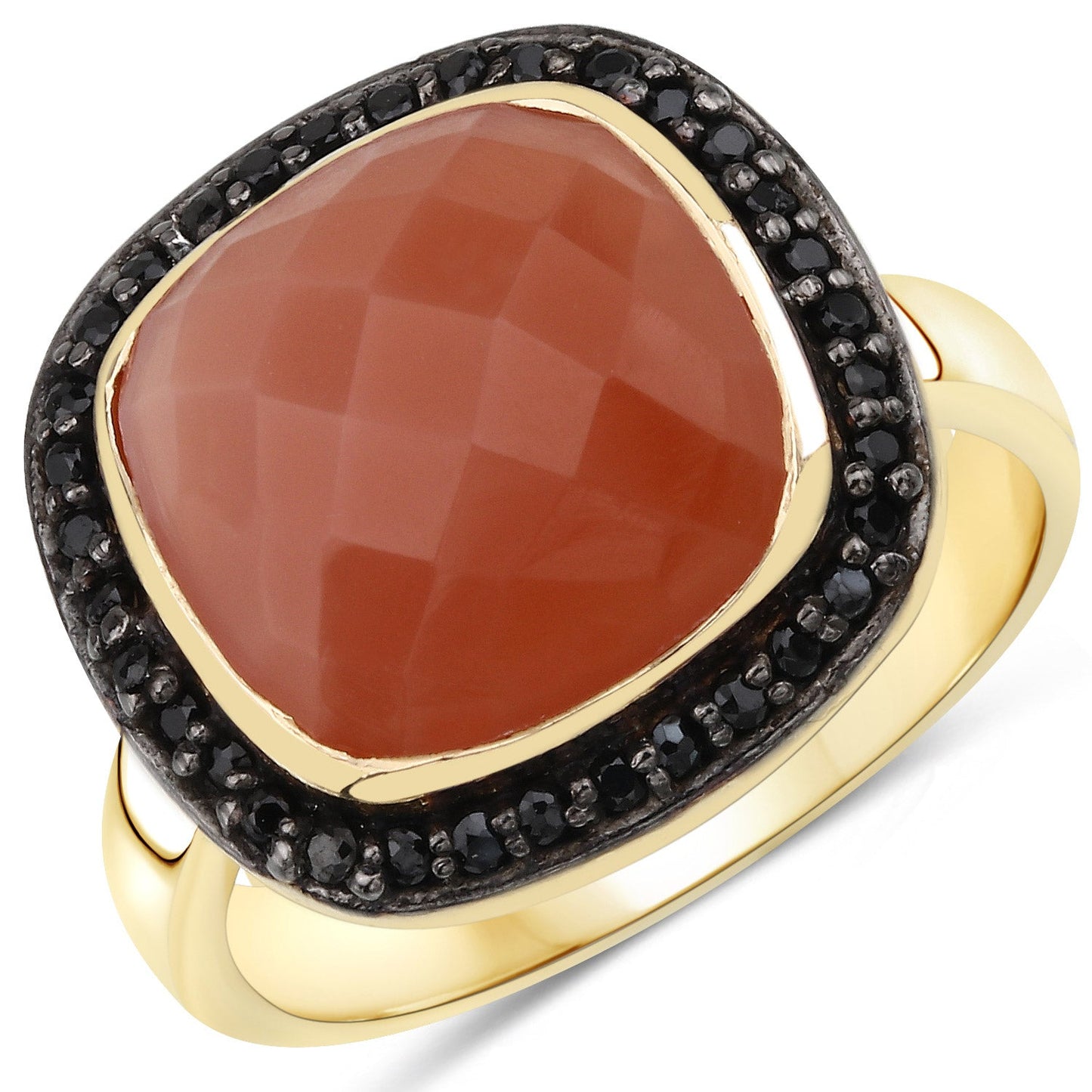 6.74 Carat Genuine Peach Moonstone and Black Spinel .925 Sterling Silver Ring