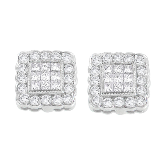 Boucles d'oreilles clous en or blanc 14 carats avec diamants taille brillant et princesse de 1,0 carat sertis pavé en halo carré (couleur G-H, pureté SI1-SI2)