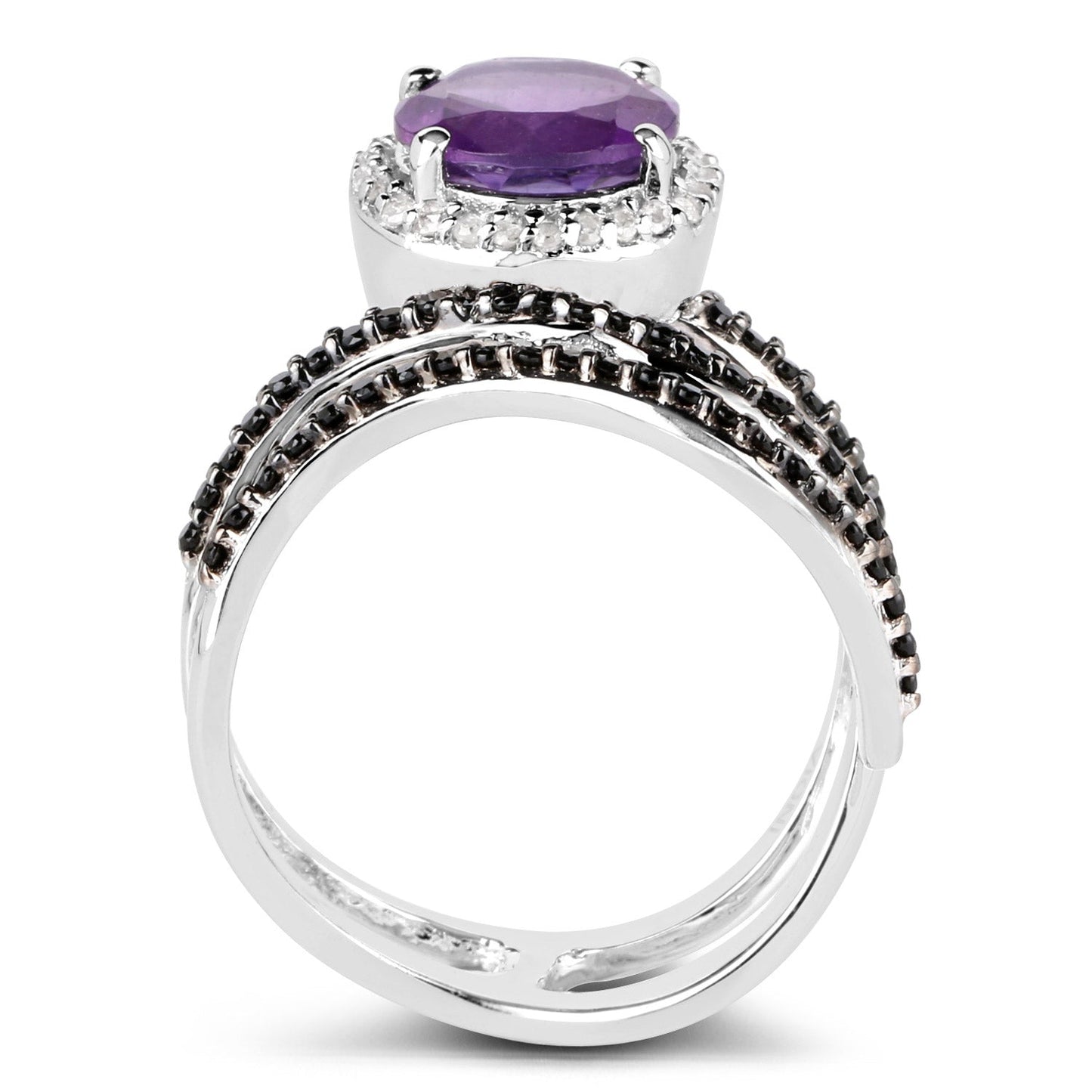 2.31 Carat Genuine Amethyst, Black Spinel and White Diamond .925 Sterling Silver Ring