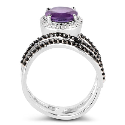 2.31 Carat Genuine Amethyst, Black Spinel and White Diamond .925 Sterling Silver Ring
