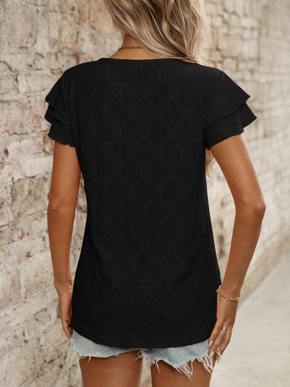 Eyelet Round Neck Double Layered Ruffled Short Sleeve Top